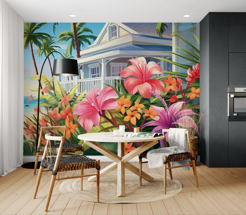 Papier peint Tropical – fleurs et maison