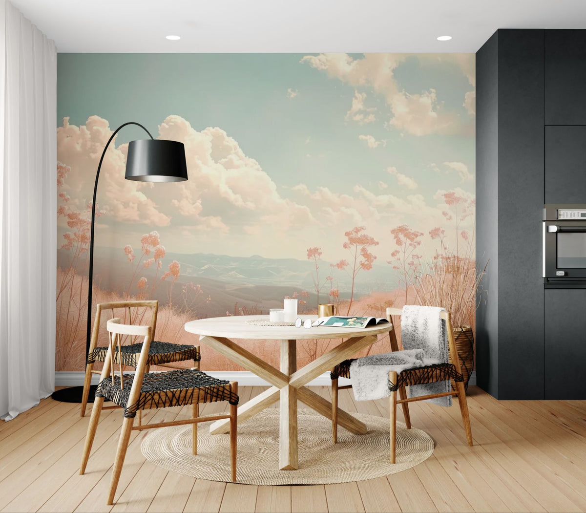 Papier peint paysage - Fleurs des champs sous un ciel rose