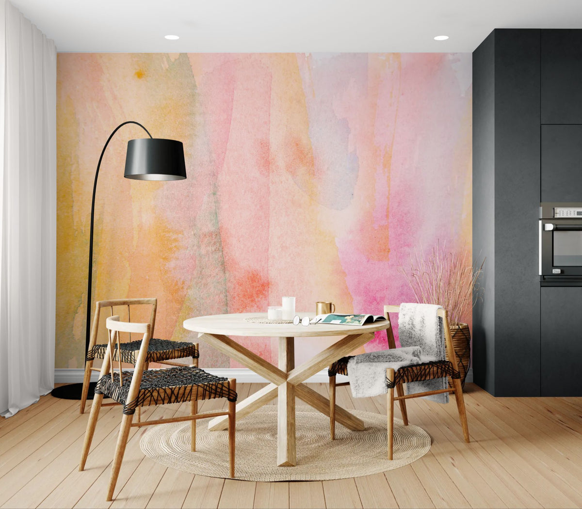 Abstract behang - Roze en gele aquarelstroken