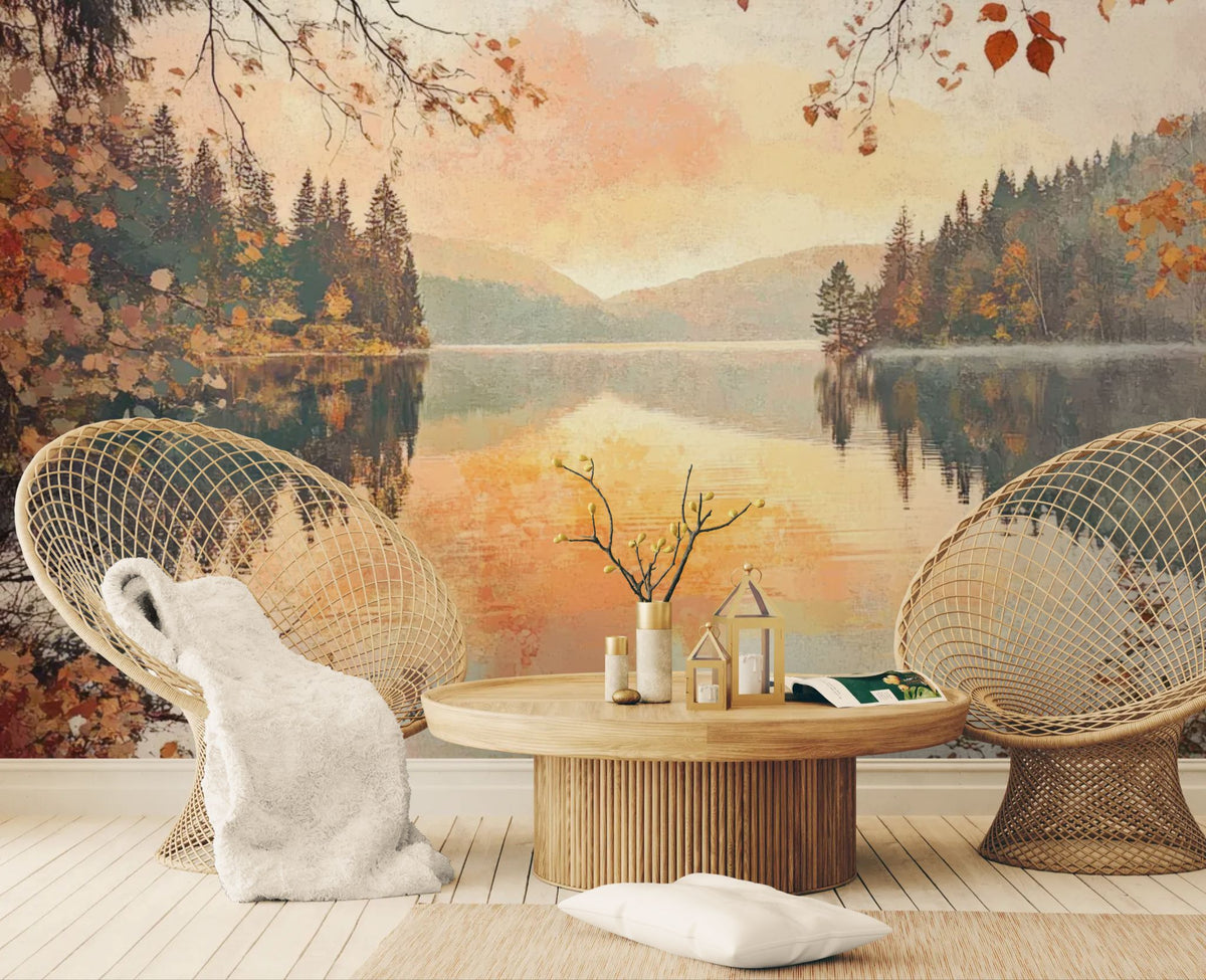 Papier peint paysage - Lac entouré d’arbres aux couleurs d’automne