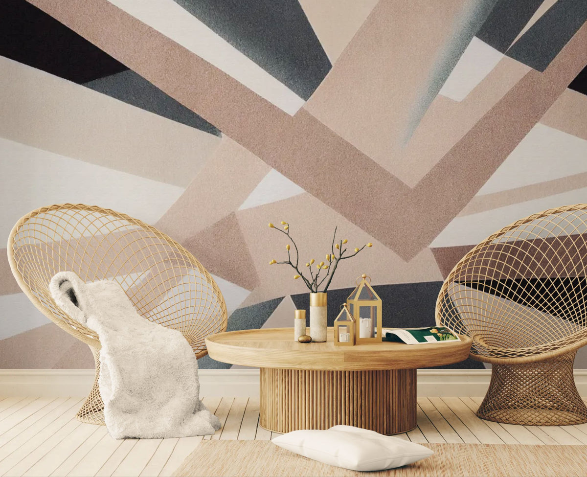 Abstract behang - Beige en zwarte geometrische lijnen