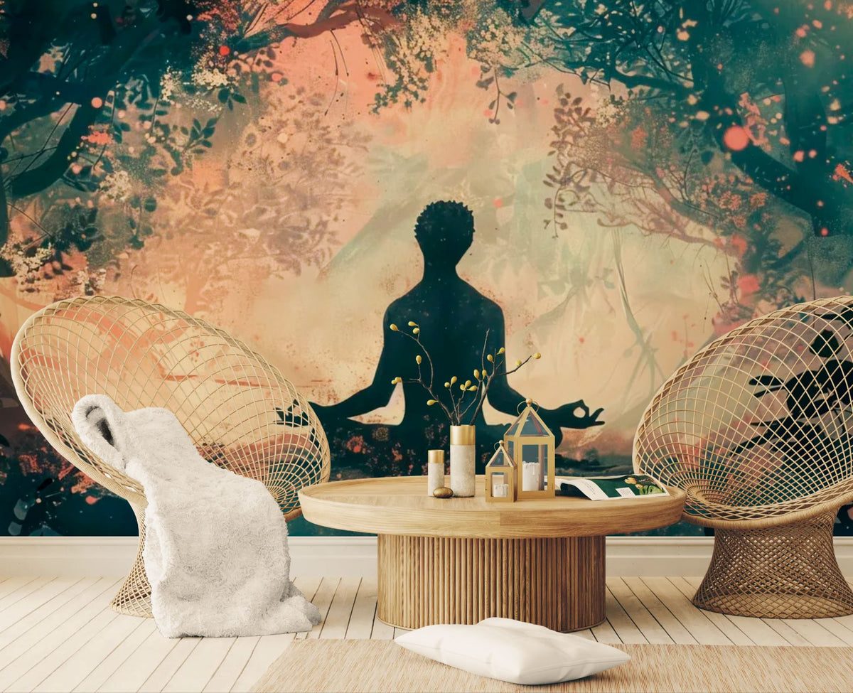 Papier peint zen - Personne méditant sous les arbres