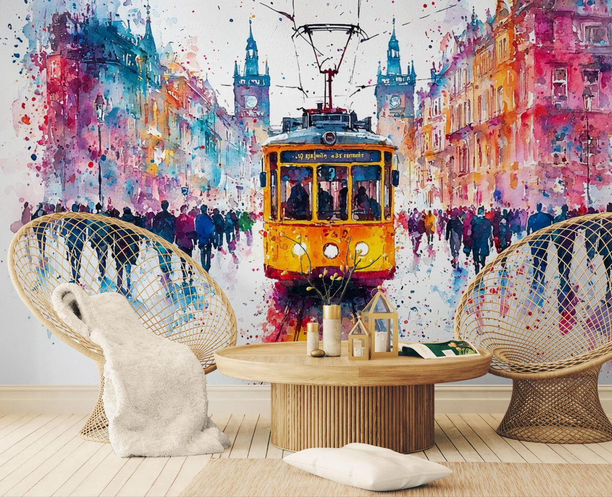 Tapeta akwarelowa - Żółty tramwaj