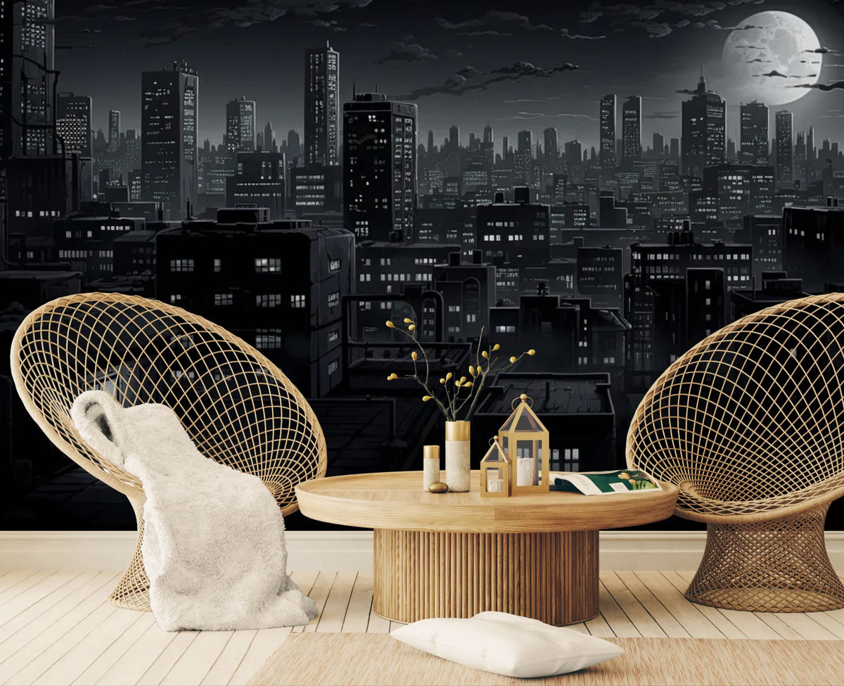 Papel tapiz blanco y negro - Ciudad bajo la luna llena