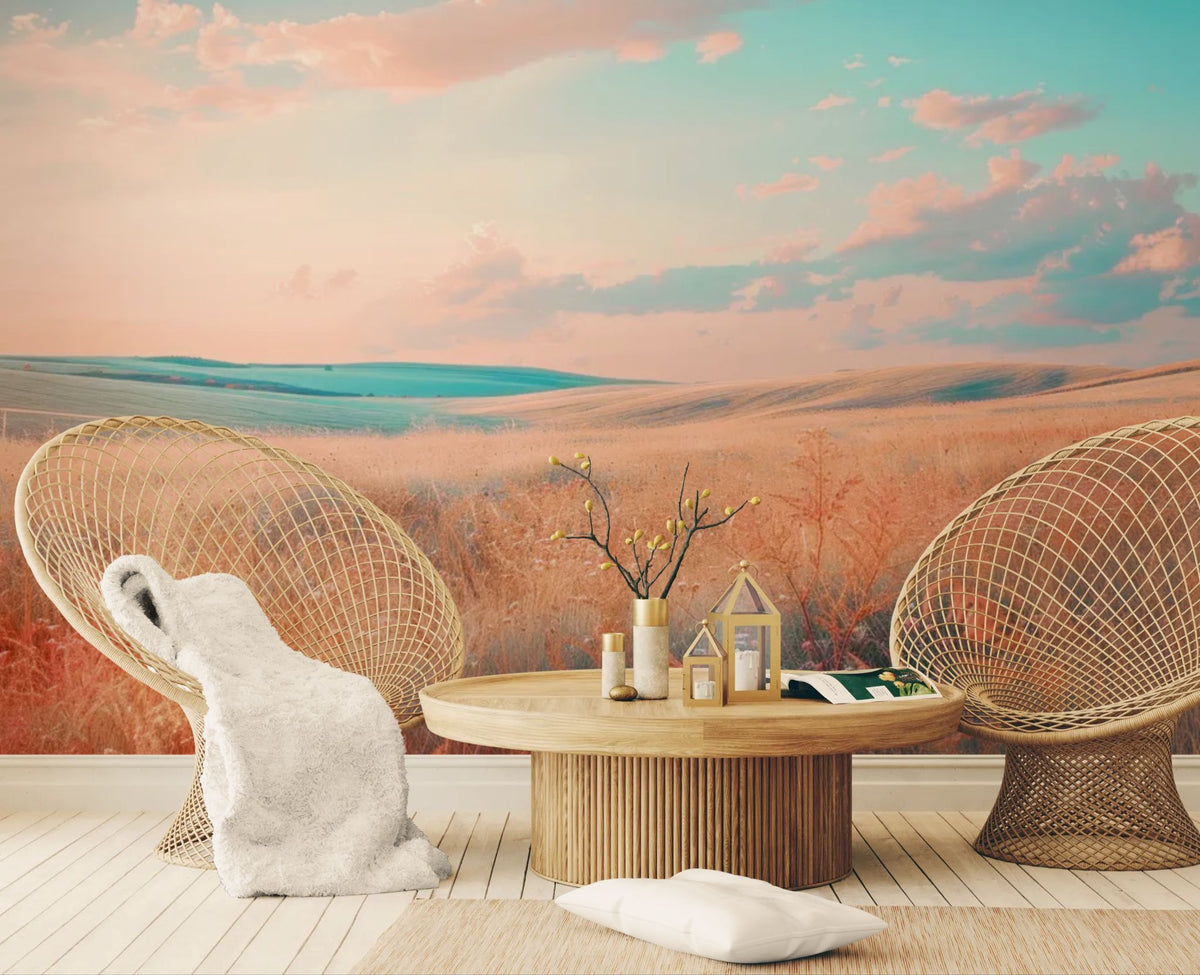Papier peint nature - Champ aux couleurs pastel sous un ciel rose