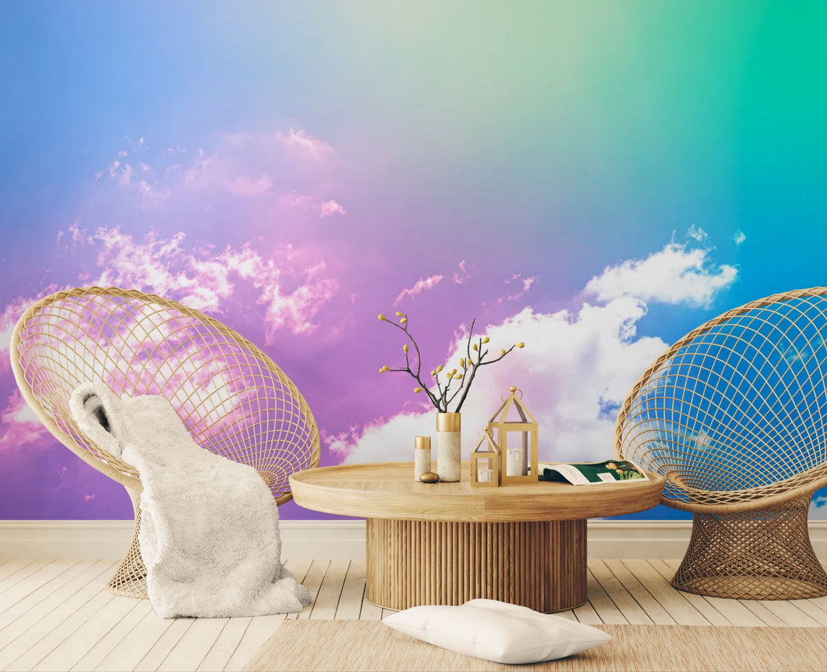 Papier peint ciel - Nuages sur fond rose et bleu