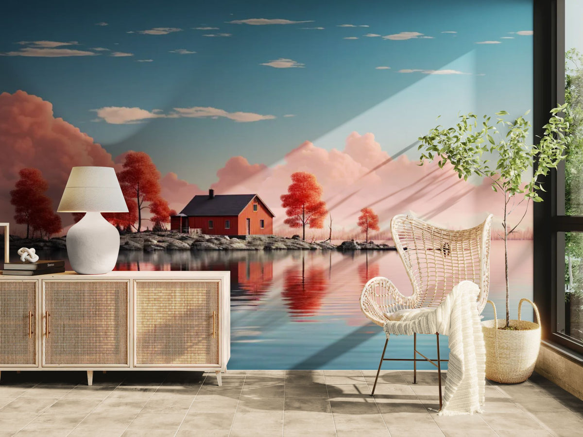 Papier peint paysage - Maison au bord d'un lac entourée d'arbres roses