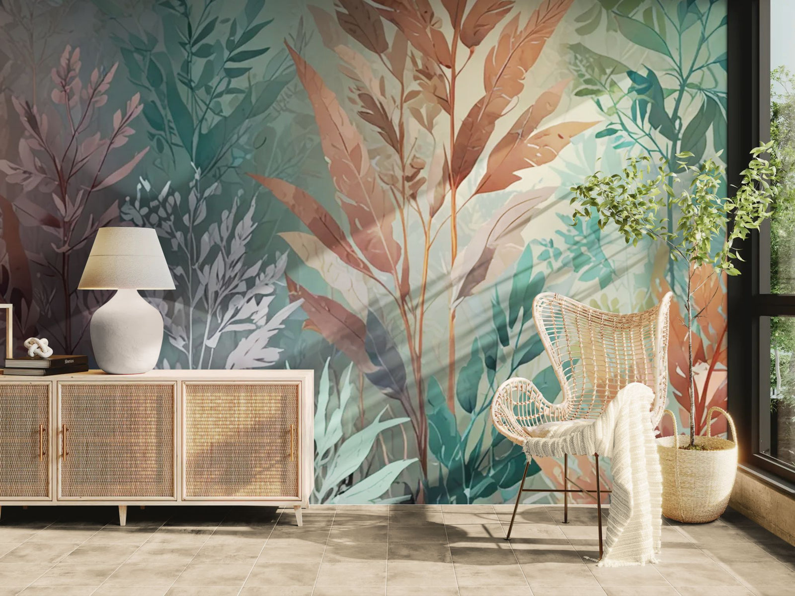 Papier peint floral – Feuillage pastel délicat