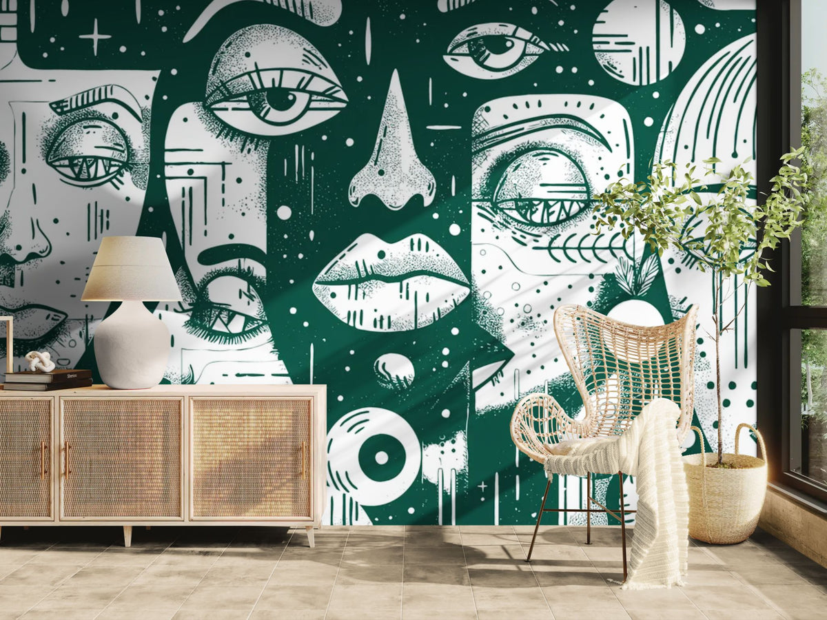 Art-déco-Tapete – grafische Gesichter in Grün und Weiß