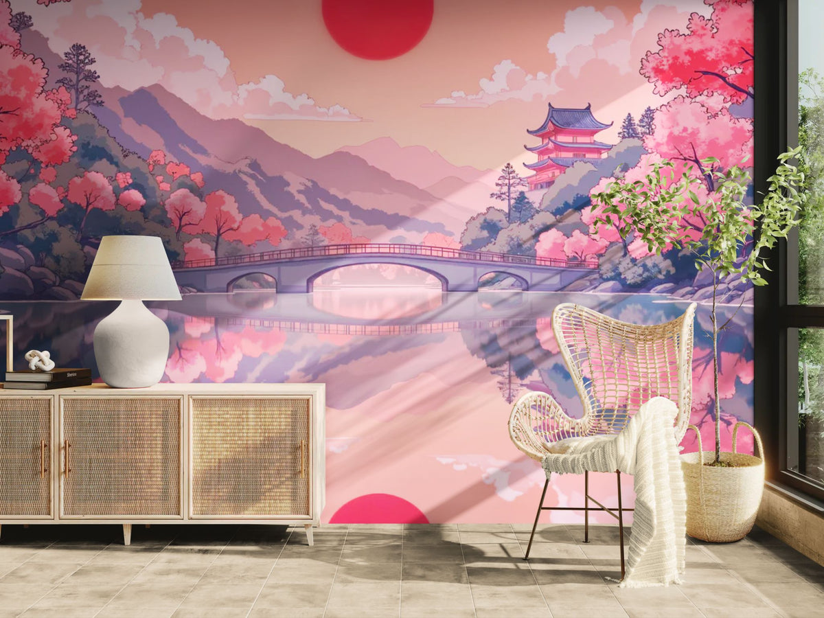 Papier peint japonais - Cerisiers et temple