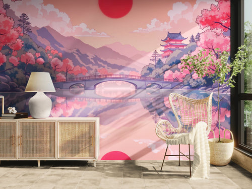 Papier peint japonais – Cerisiers et temple