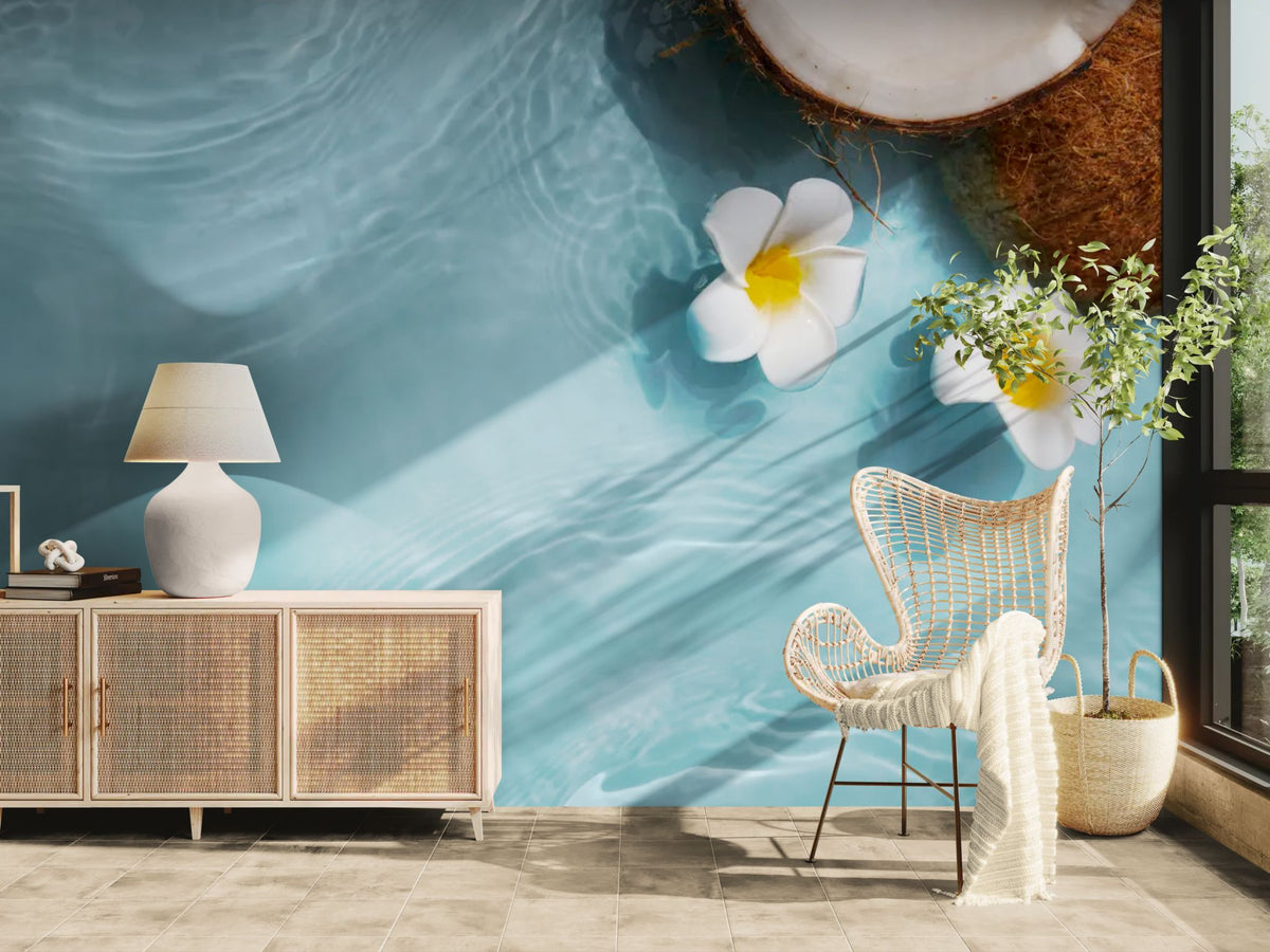 Papier peint tropical - Eau turquoise et fleurs blanches