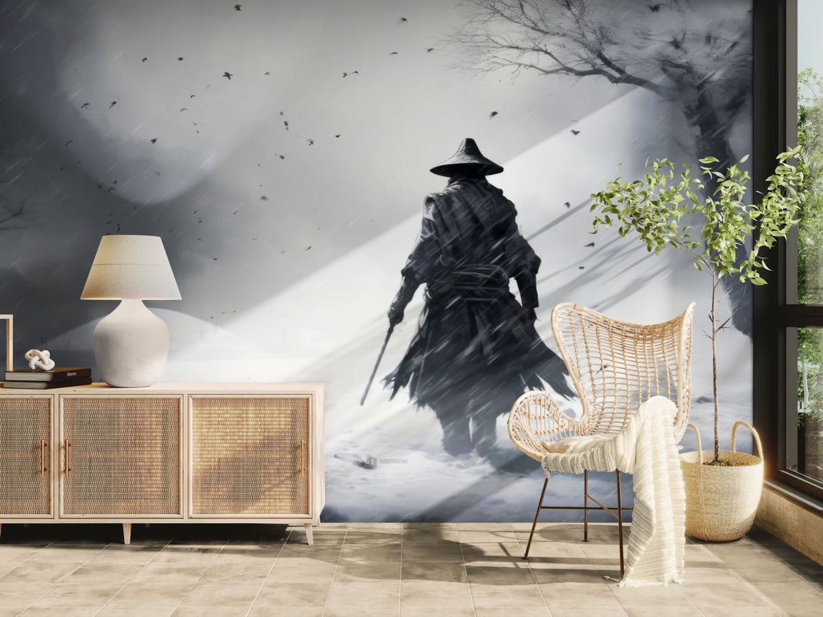 Papier peint fantaisie - Guerrier dans un paysage enneigé en noir et blanc