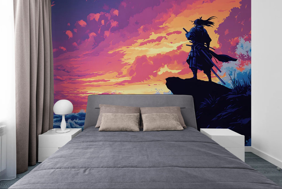 Papier peint panoramique - Samouraï et océan au coucher du soleil