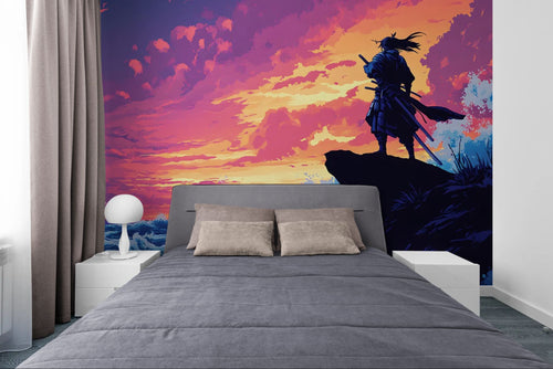 Papier peint panoramique – Samouraï et océan au coucher du soleil