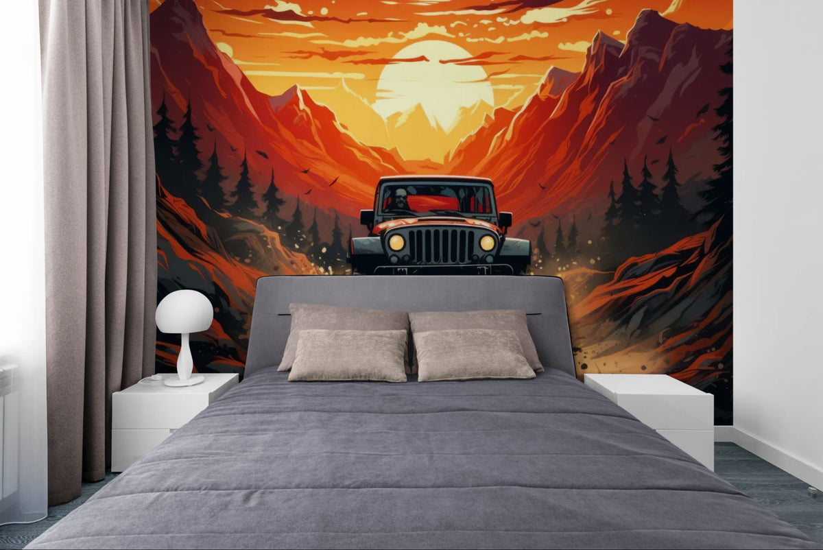 Landschaftstapete – 4x4 auf einem Bergpfad bei Sonnenuntergang