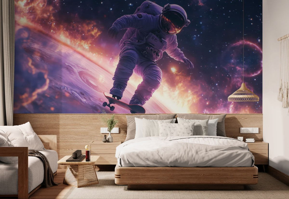 Papier peint espace - Astronaute faisant du skateboard dans l'espace