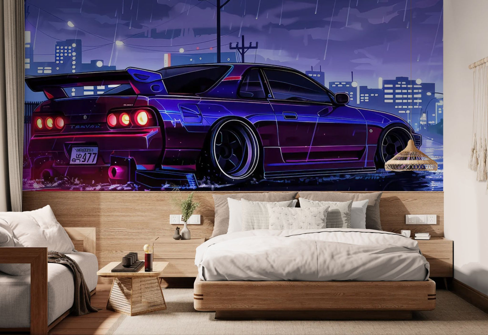 Nighttime Wallpaper – Neon Tuning Car in the Rain