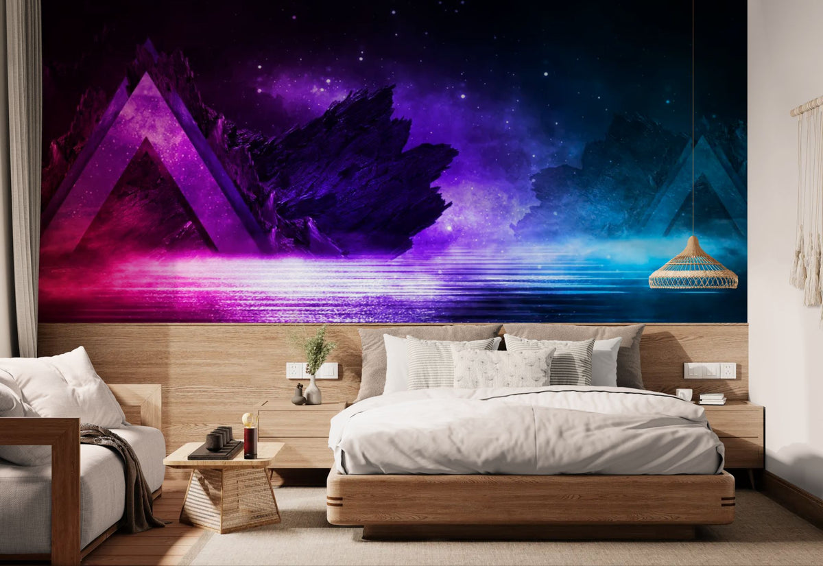 Carta da parati futuristica - Triangolo luminoso rosa e blu sull'acqua