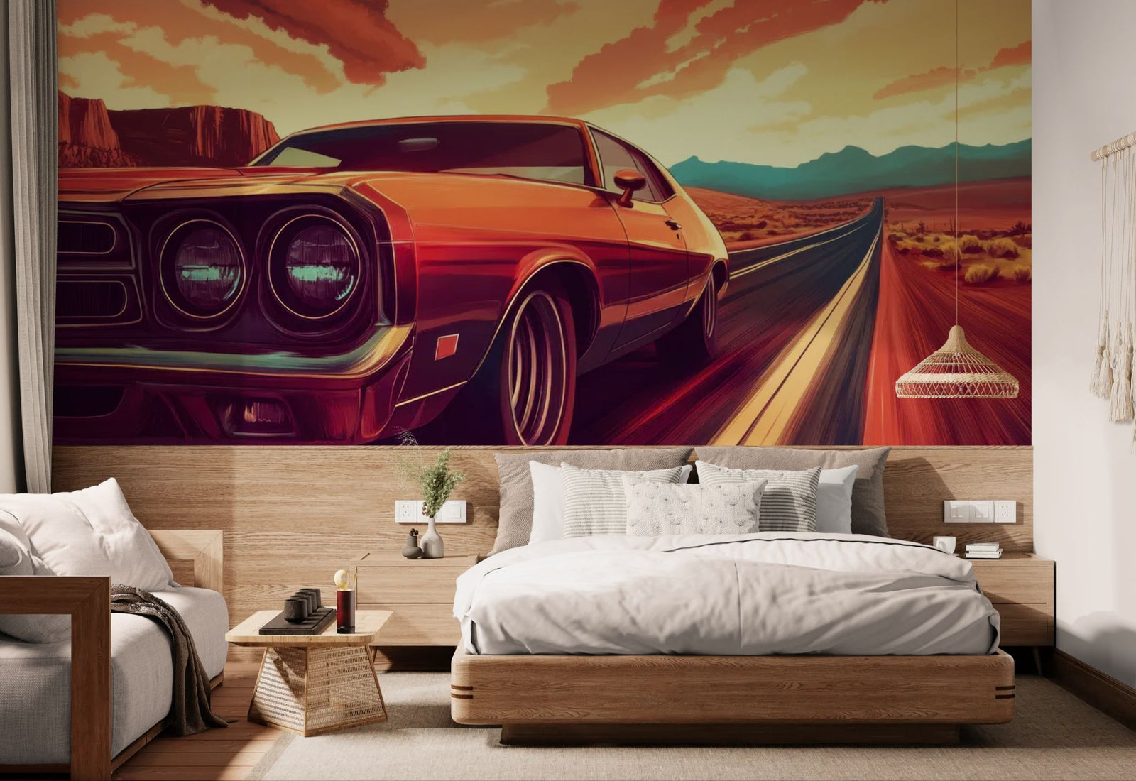 Vintage wallpaper – orange car on a desert road