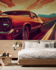 Papier peint Vintage – voiture orange sur route désertique