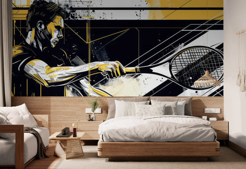 Papier peint sport – Tennisman dynamique abstrait noir jaune