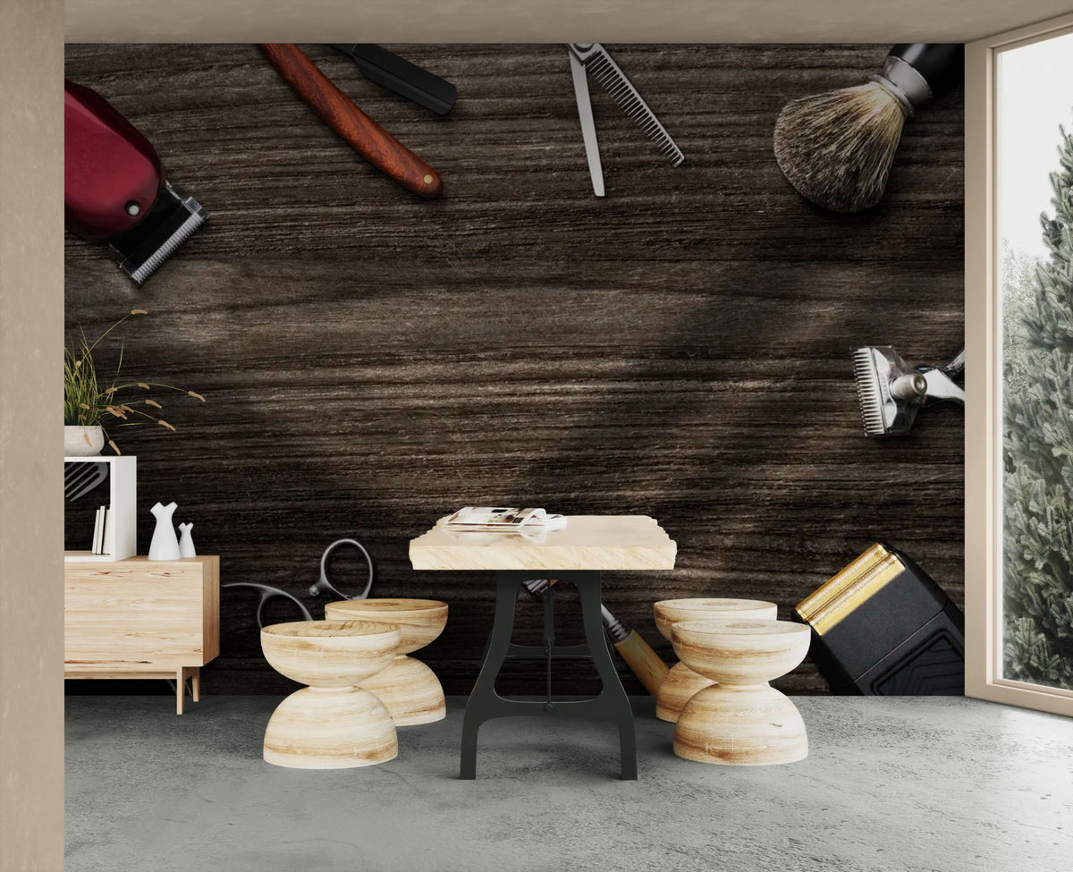 Kappersbehang - Retro kappersgereedschap