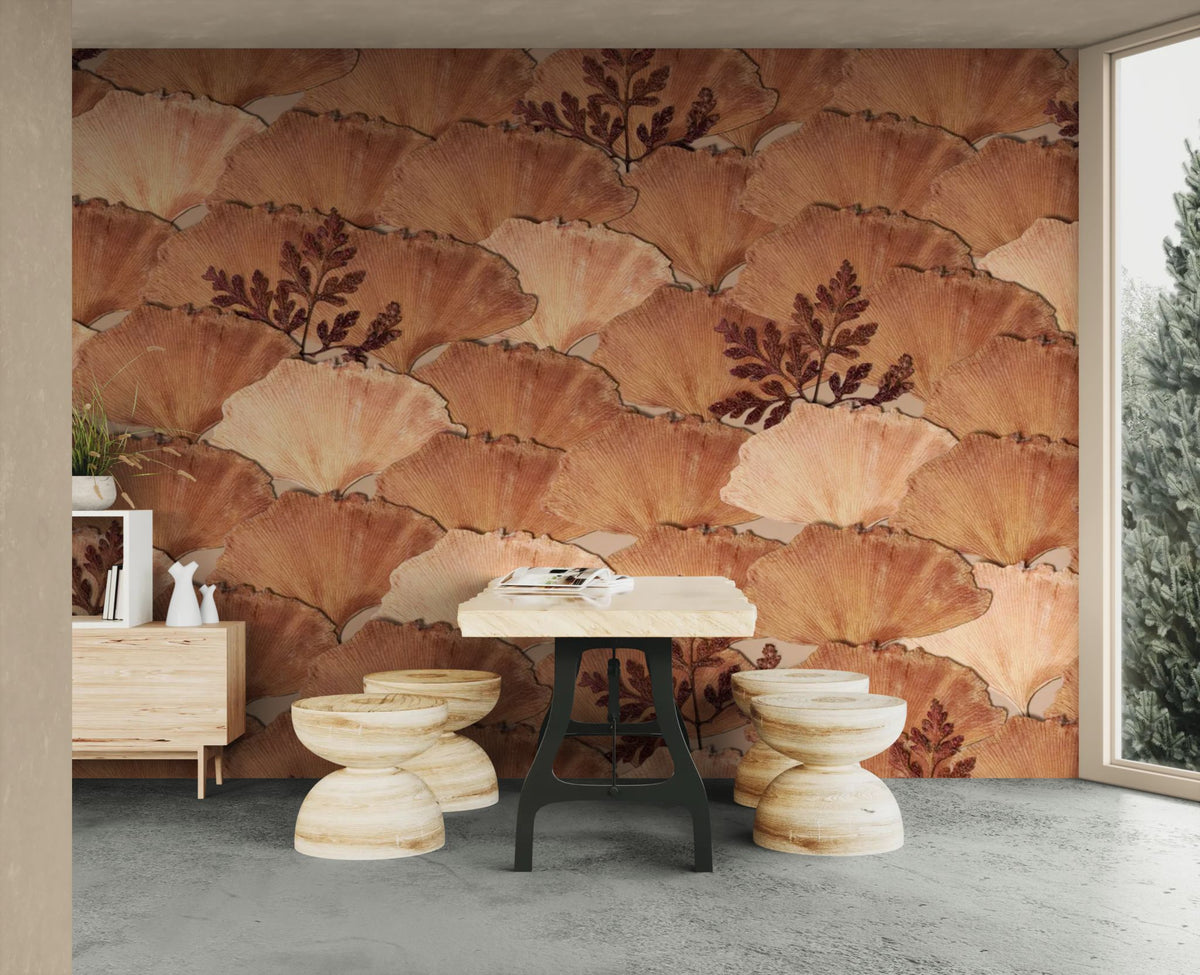 Papier peint floral - Ginkgo cuivré Art déco