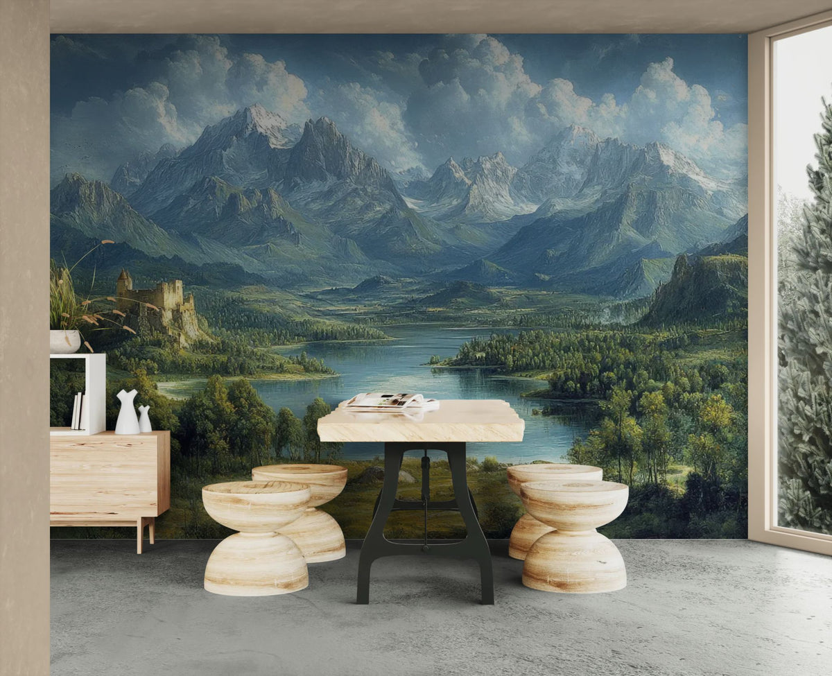 Behang met landschap - Alpelijk meer en kasteel