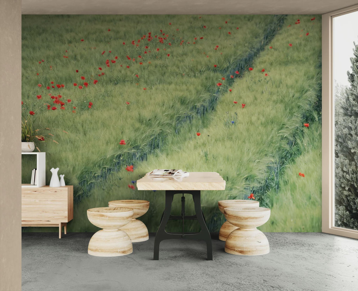 Behang met landschap - Klaprozenveld