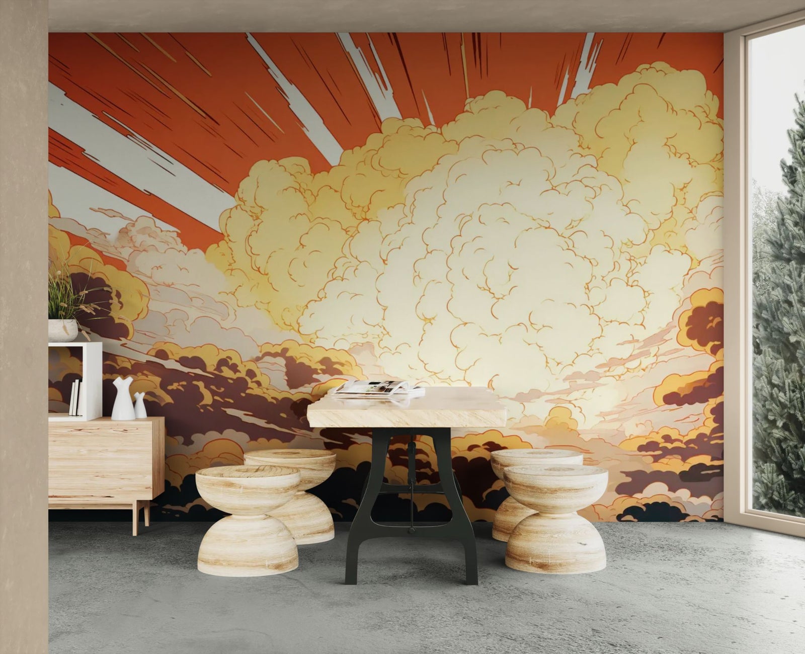 Papier peint ciel – Nuages flamboyants illustrés