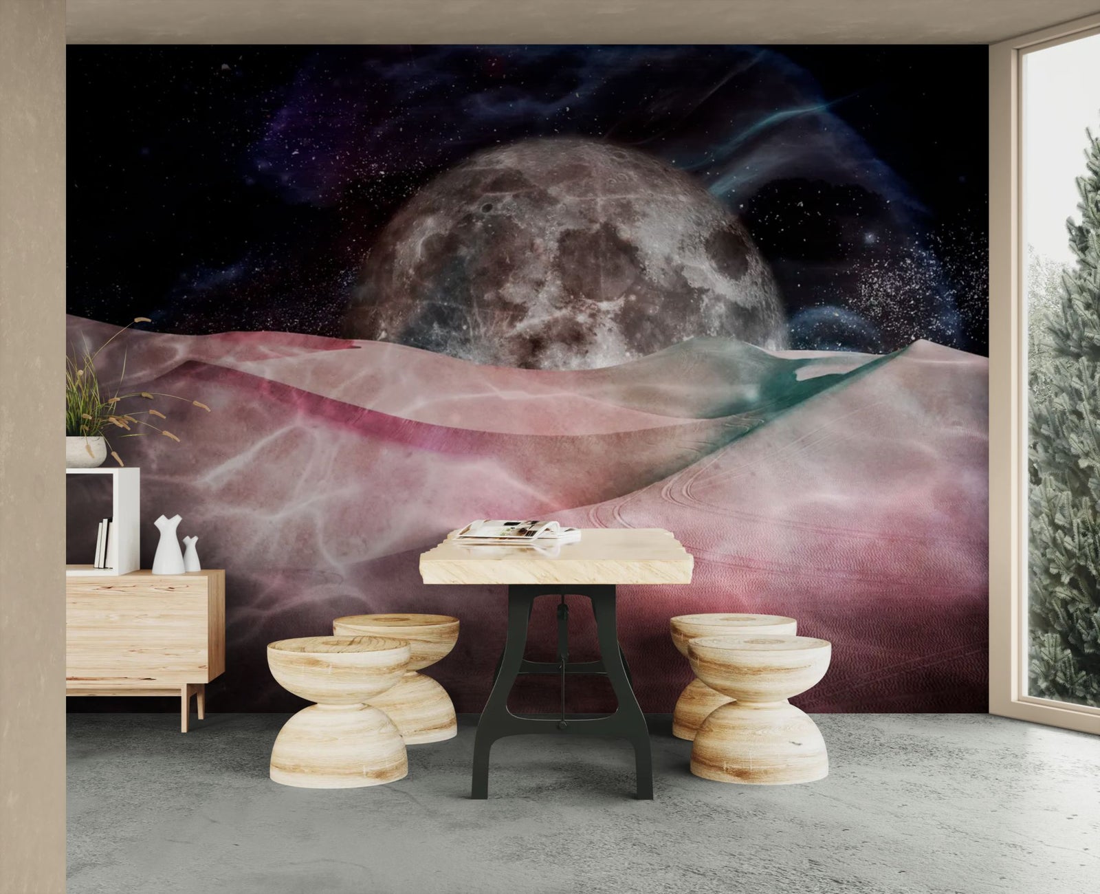 Papier peint espace – Lune onirique aux dunes rosées