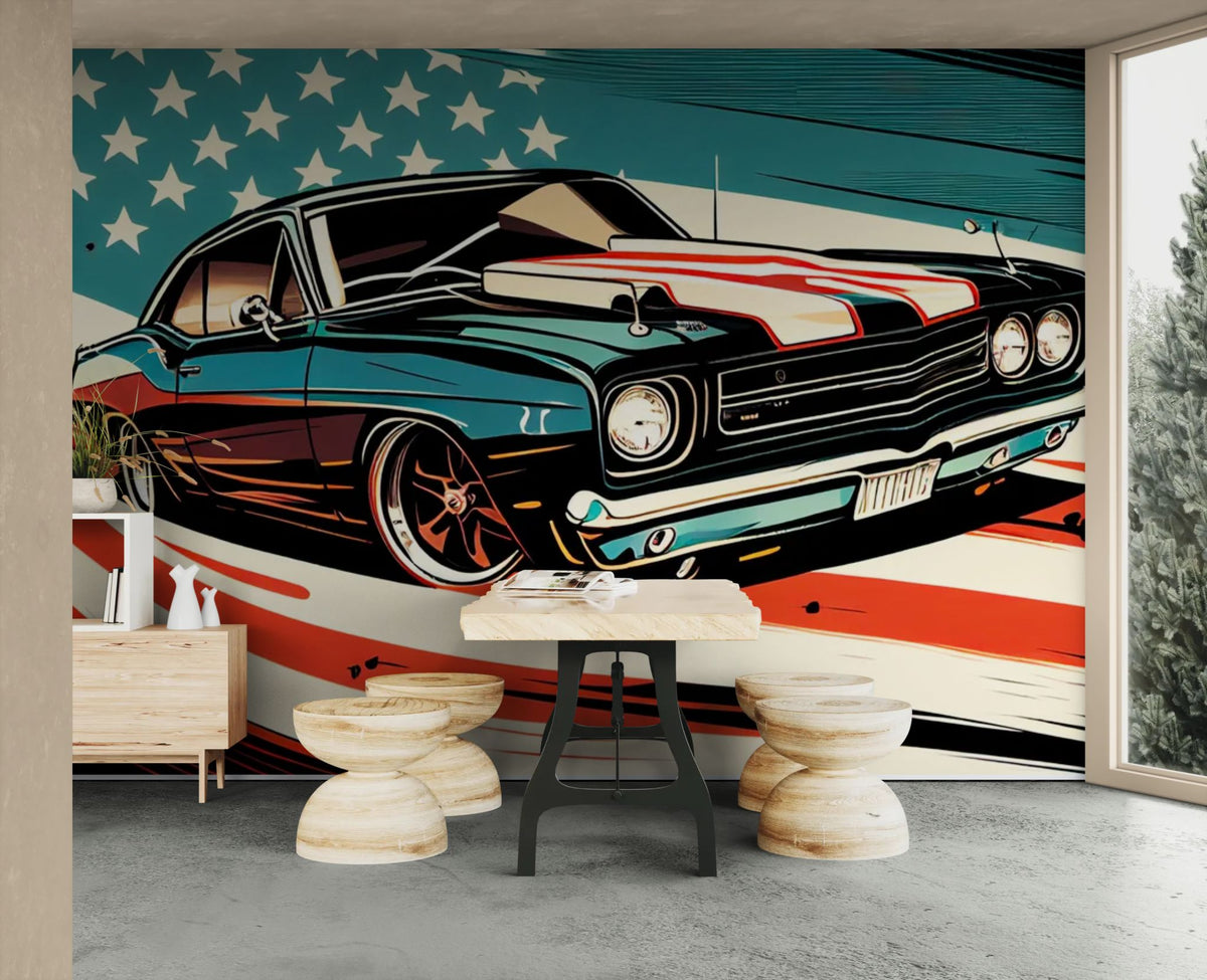 Auto-behang - Amerikaanse auto en sterrenvlag