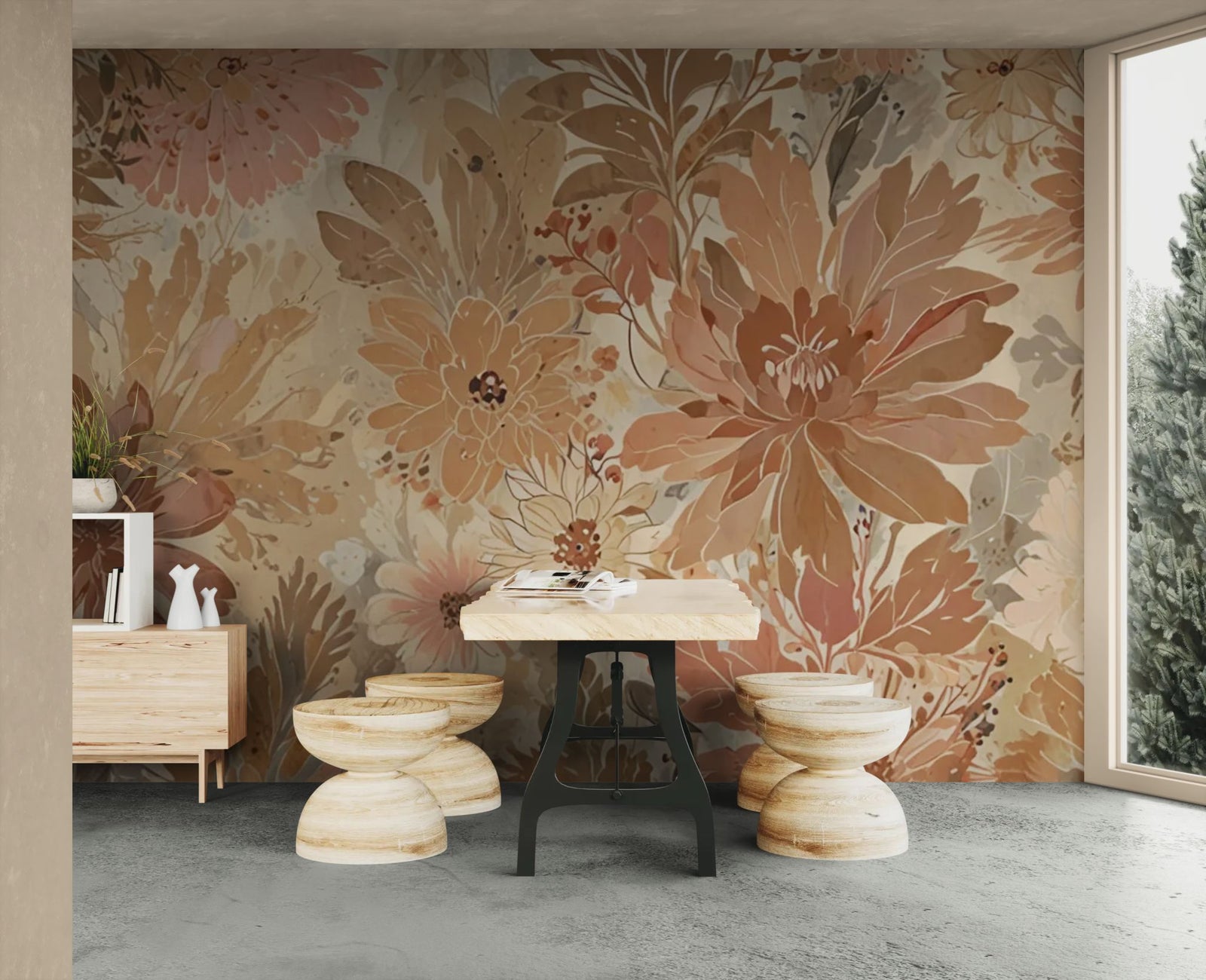 Papier peint floral – Fleurs beiges vintage