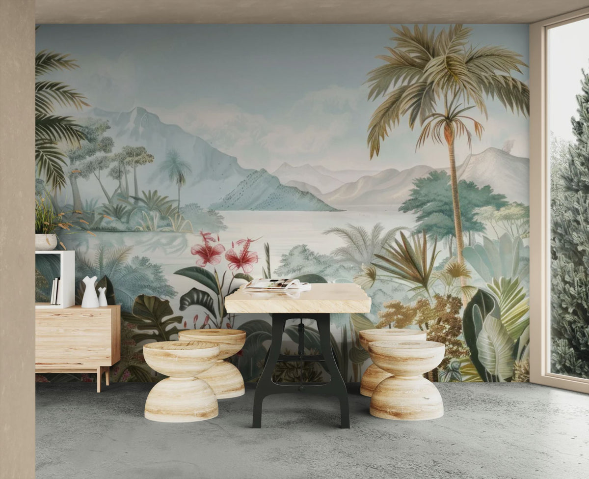 Papier peint paysage - Lac et palmiers dans un paysage tropical
