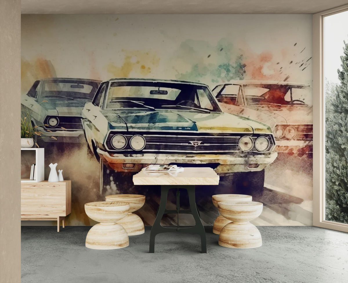 Vintage behang - Oude auto's in aquarel geverfd