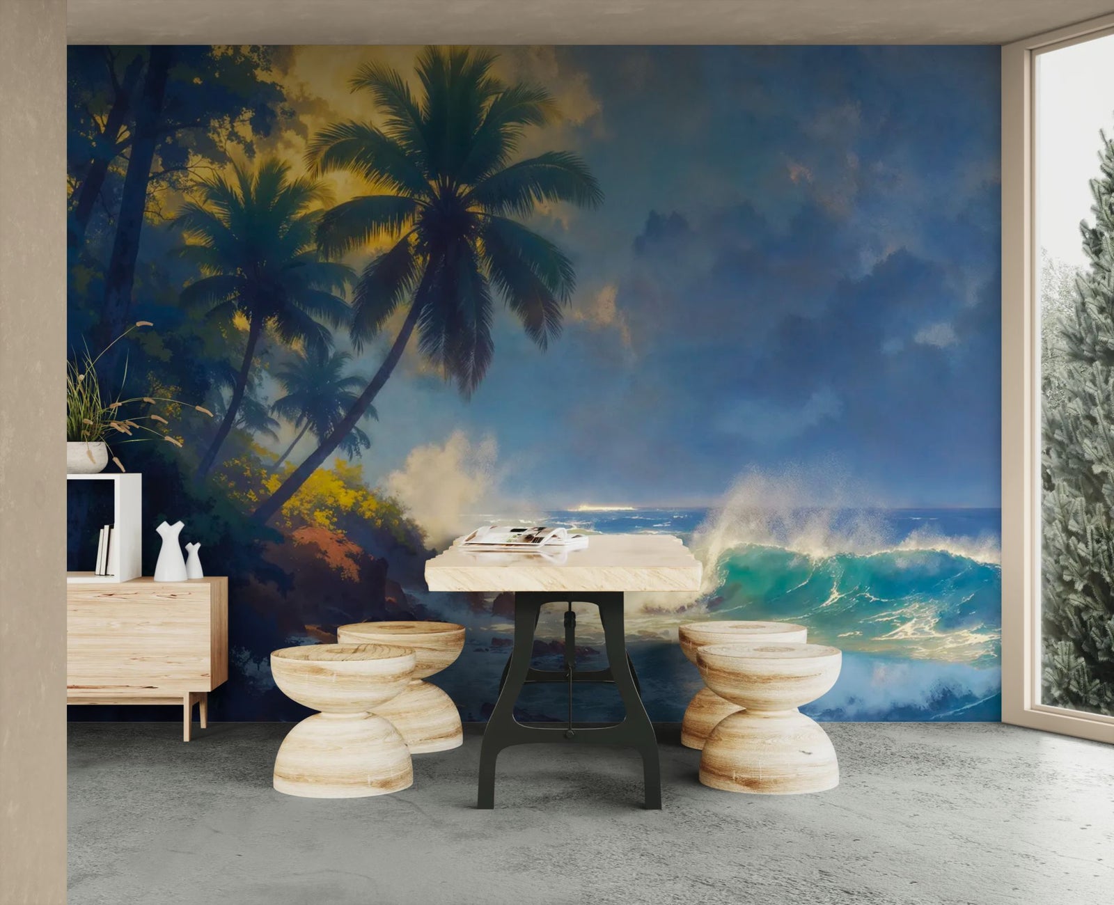 Papier peint Exotique – Plage et palmiers sous ciel d'orage