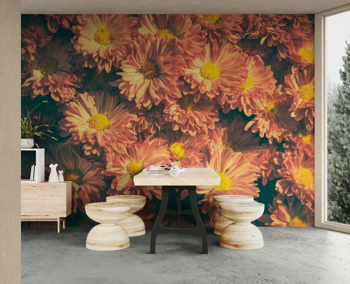 Papier peint fleuri - Rose et jaune sur fond sombre