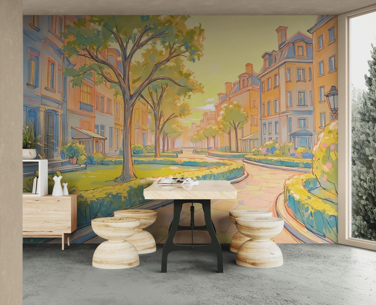 Papier peint urbain - Allée bordée d'arbres et d'immeubles