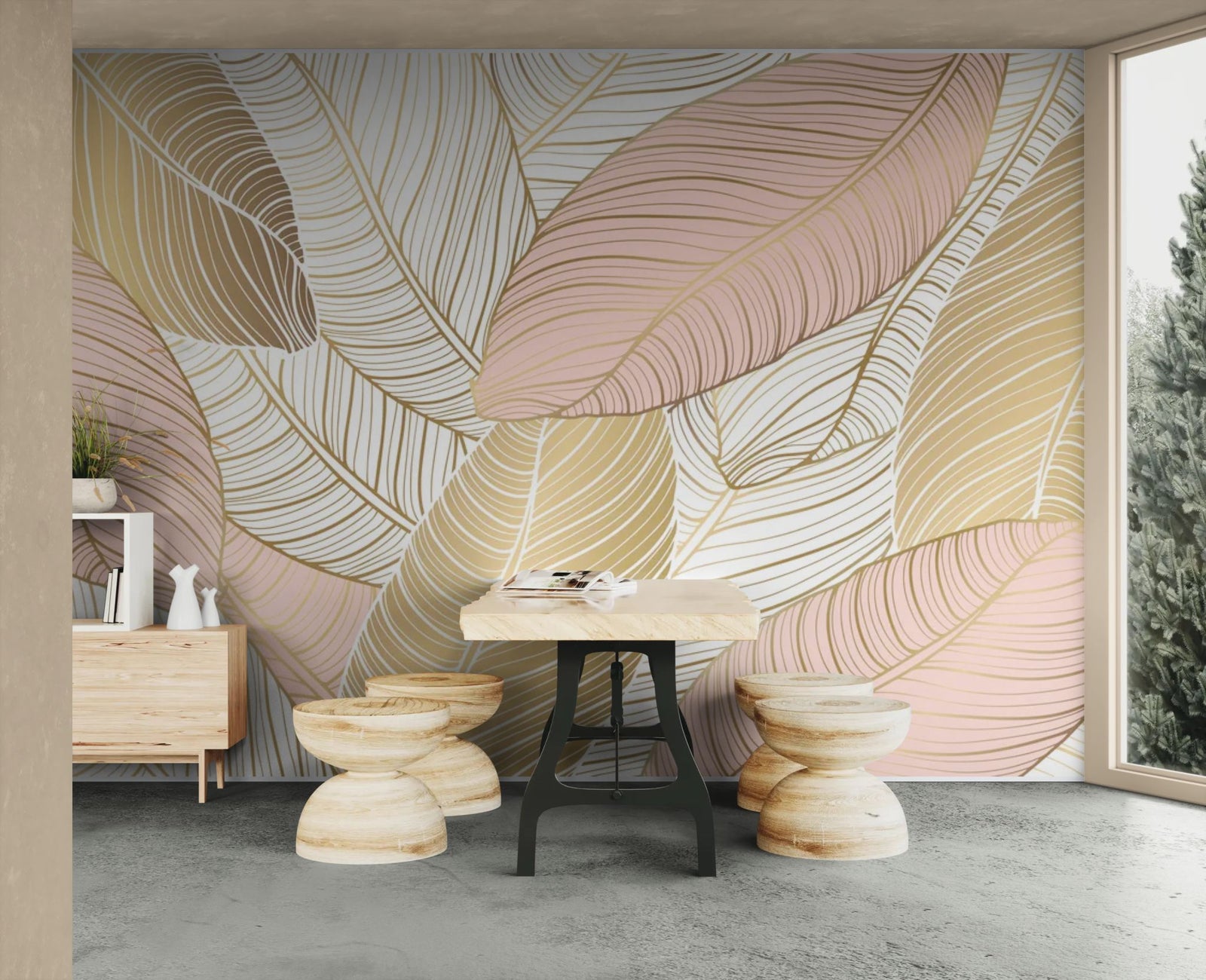 Botanical wallpaper – Graphic foliage in beige and powder pink