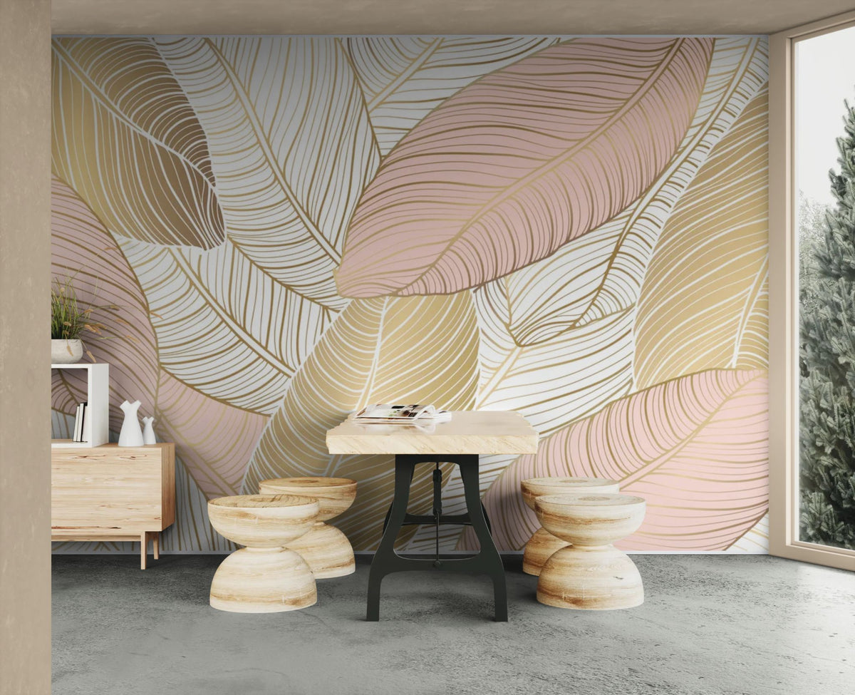 Papier peint végétal - Feuillage beige et rose poudré