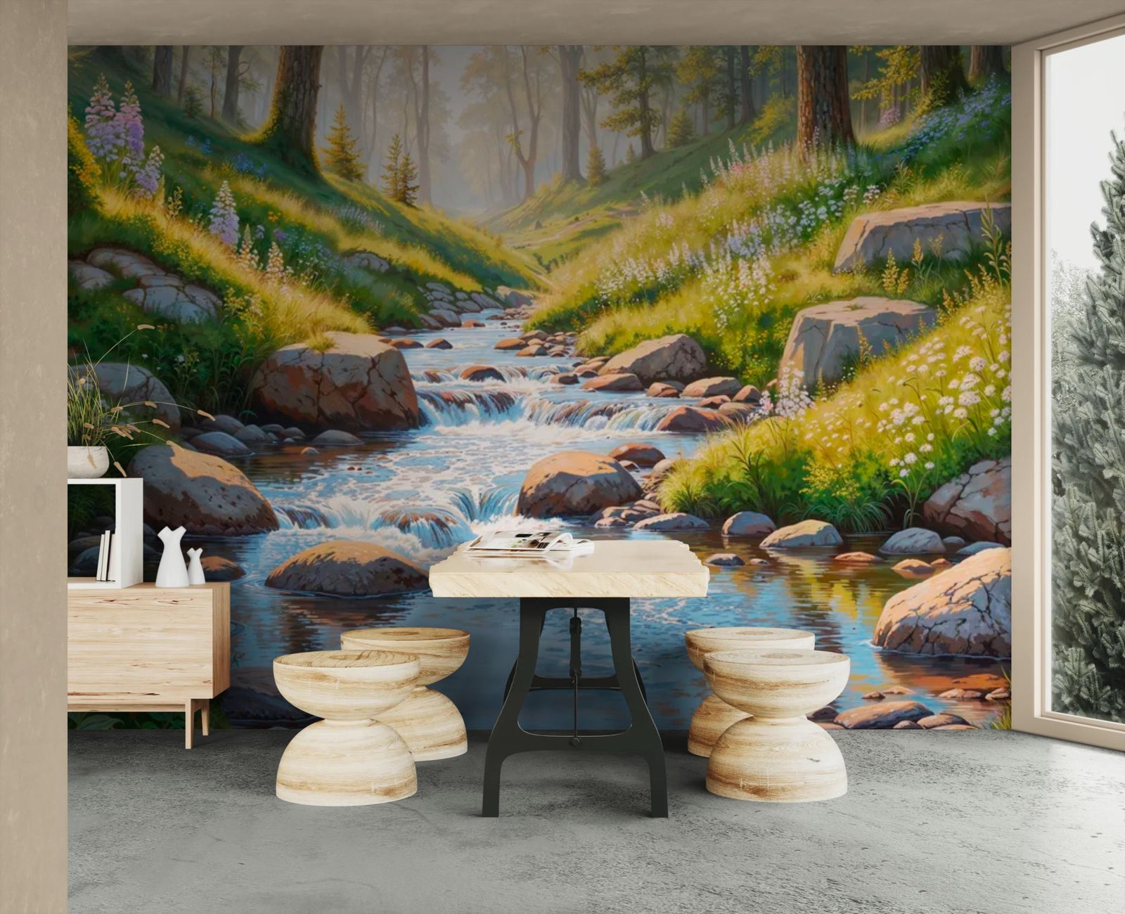 Papier peint forêt – Clairière enchantée et ruisseau fleuri