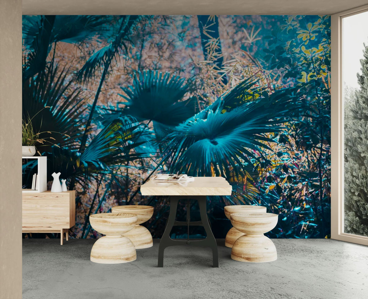 Papel tapiz tropical - Selva con palmas azuladas
