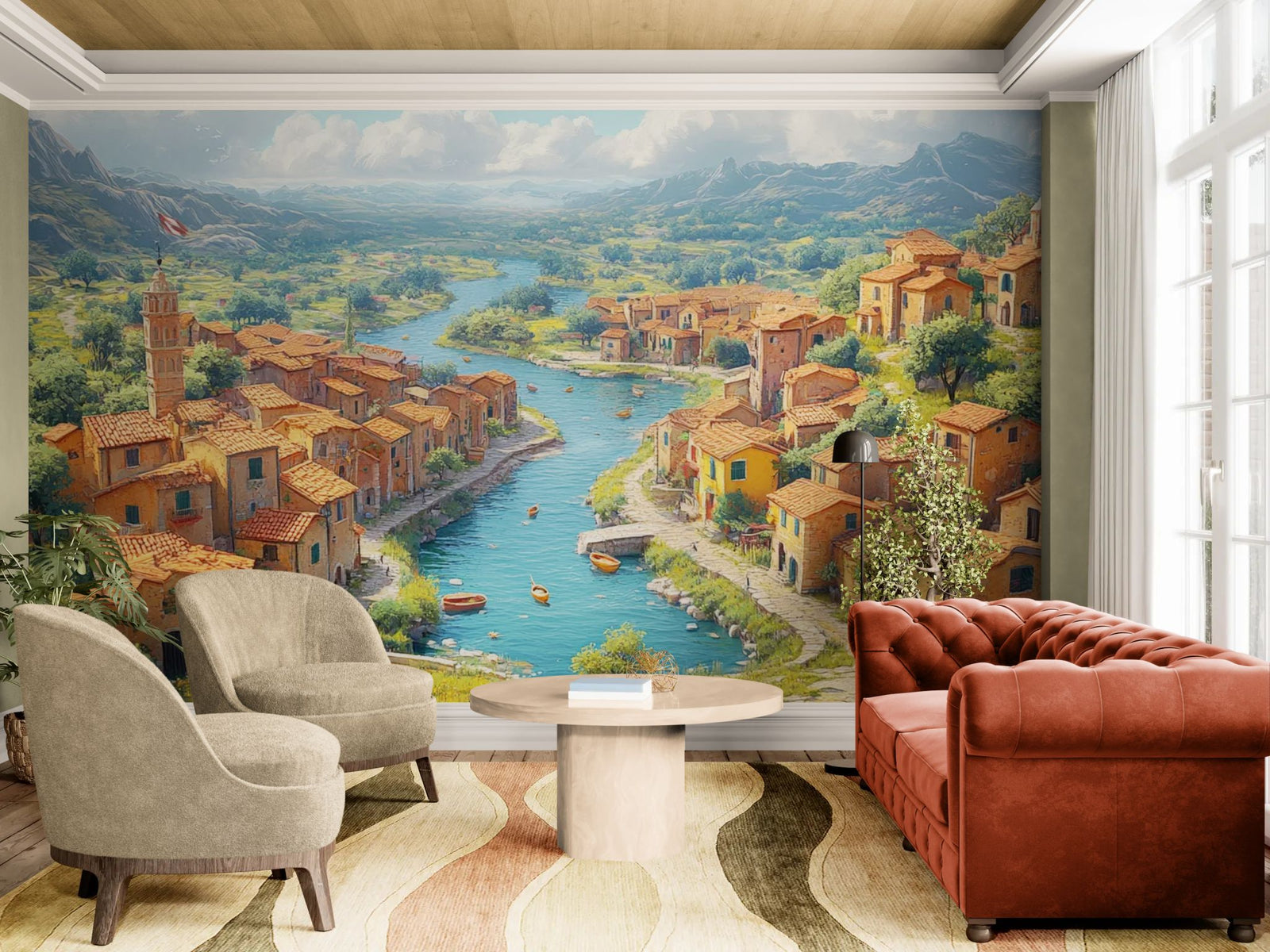 Papier peint Campagne – Rivière fleurie traversant un village