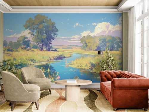 Papier peint Art – Peinture paysage rivière et prairie