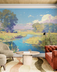 Papier peint Art – Peinture paysage rivière et prairie