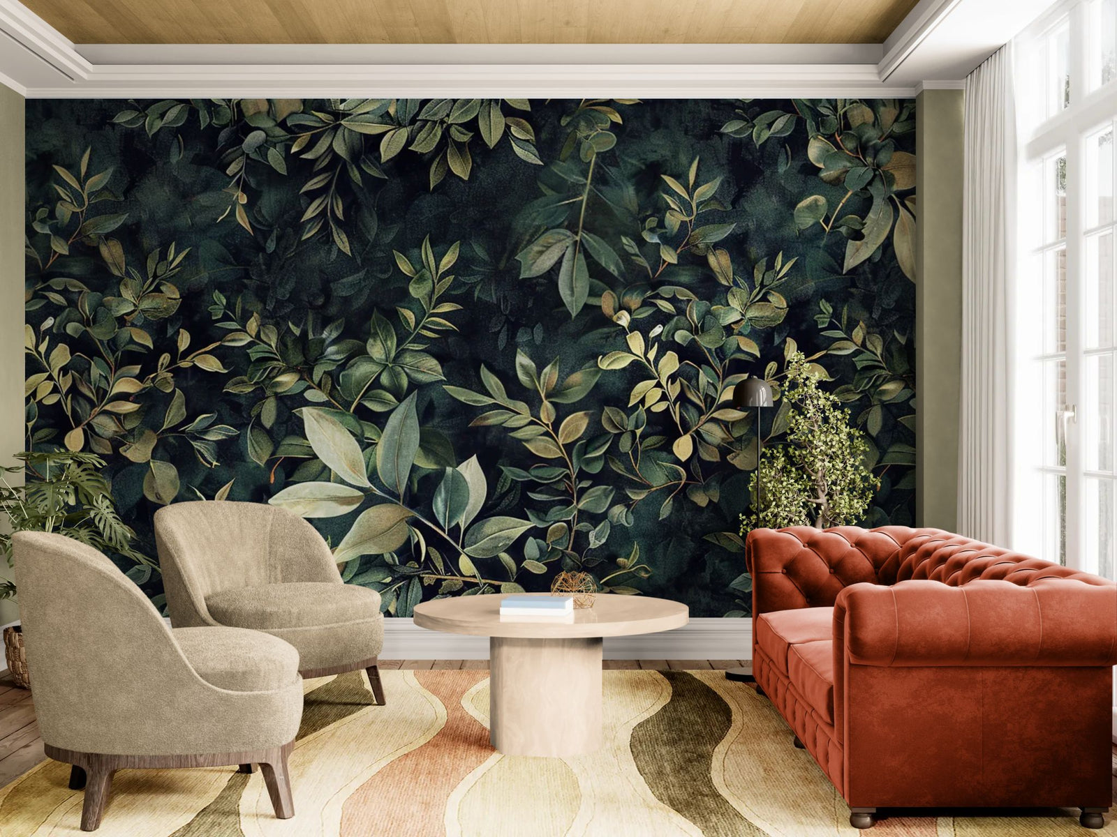 Papier peint Botanique – Motif feuilles vertes foncées denses