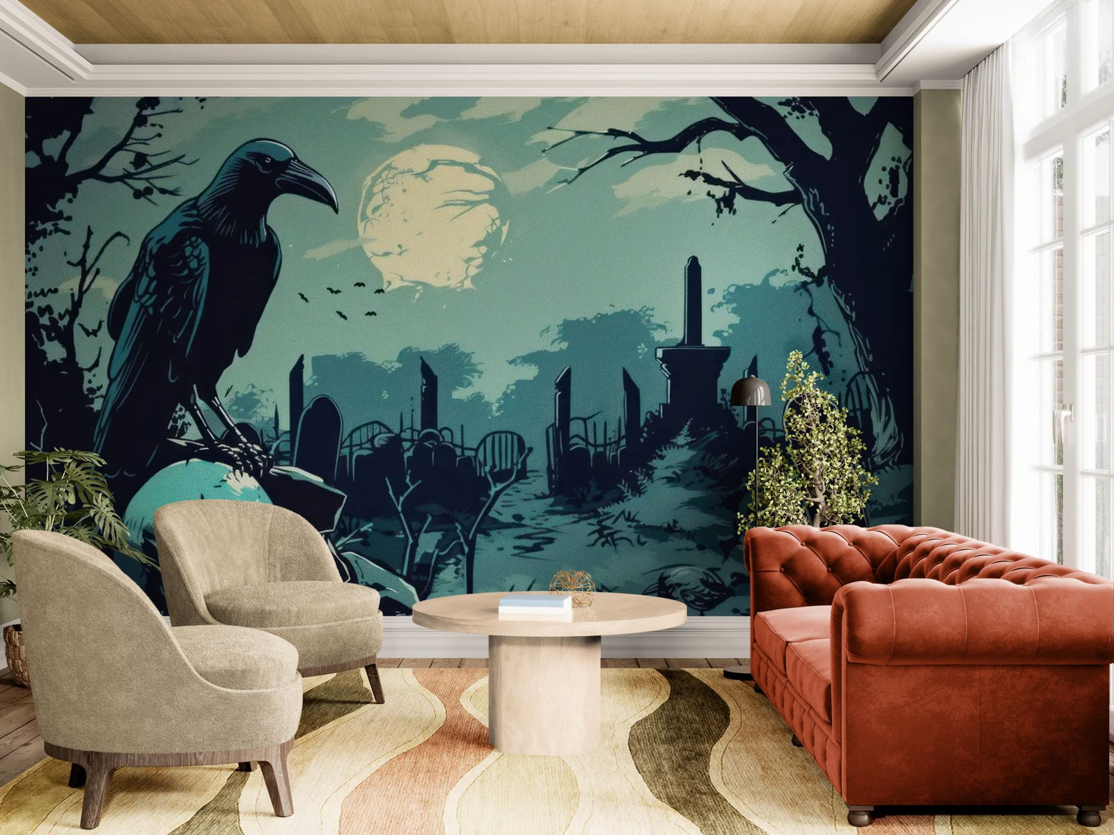 Gothic Wallpaper – Raven on Skull and Misty Cemetery