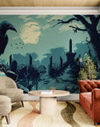 Gothic Wallpaper – Raven on Skull and Misty Cemetery
