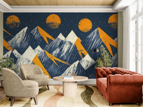 Papier peint Graphique – Montagnes abstraites et lunes oranges